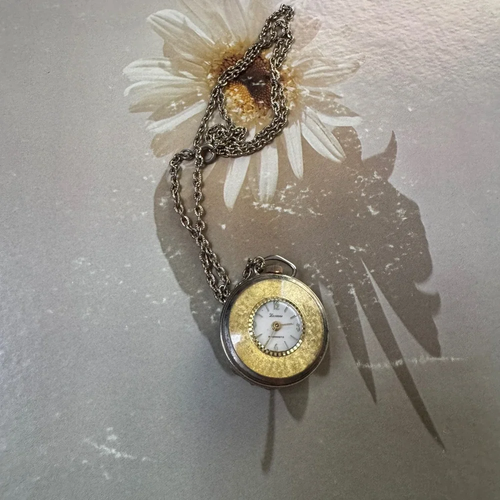 Vintage Lucerne Swiss Made Antimagnetic Pendant Watch Gold Tone Filigree Chain